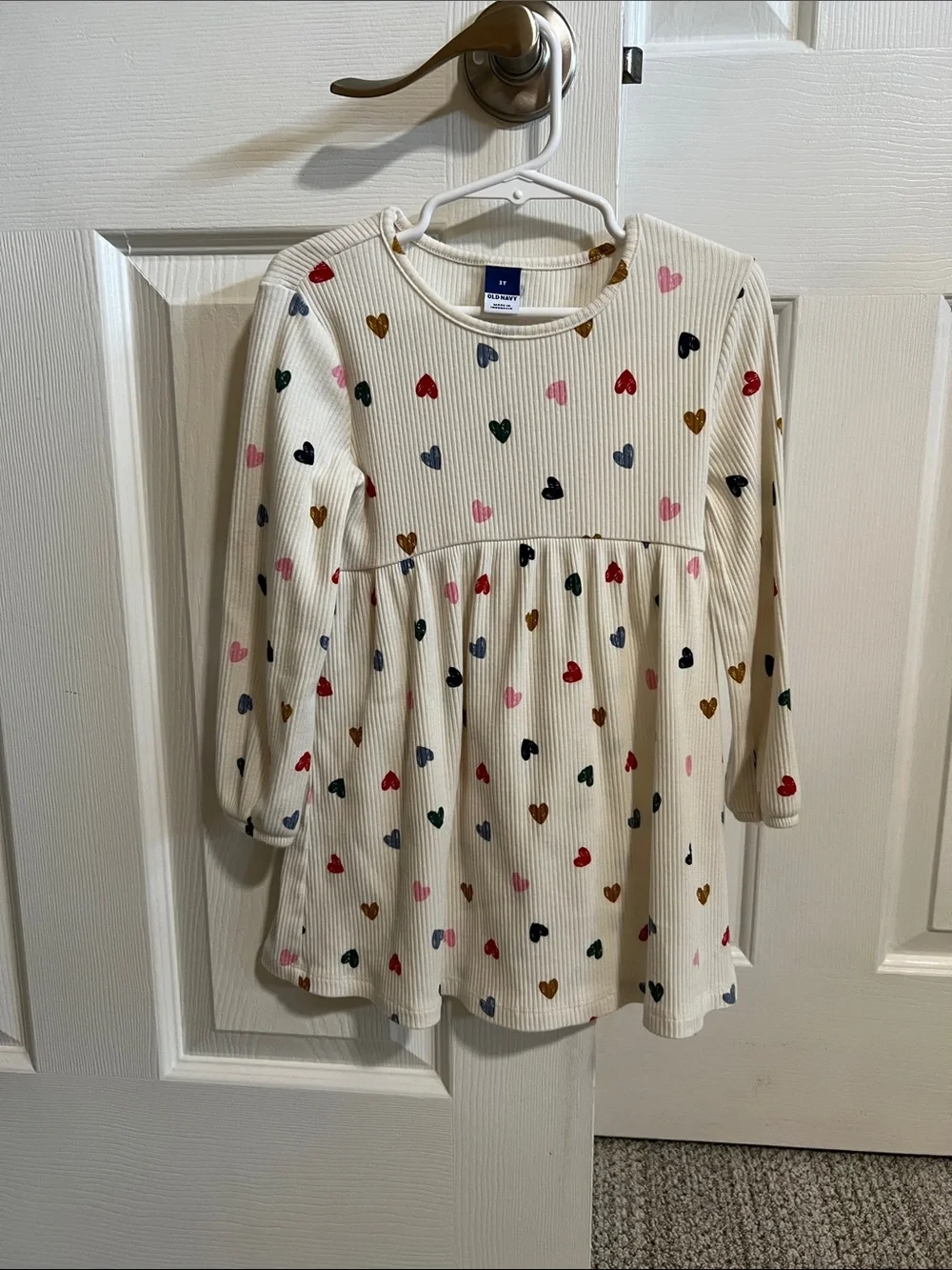 Cream Ribbed Dress with Multicolor Heart Print